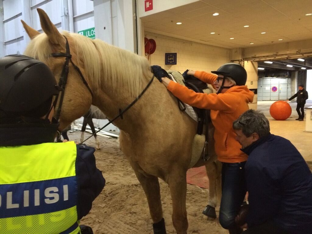 Näin kömpelö on ihminen poliisihevosen äärellä. Onneksi on herrasmiehiä nurkilla.