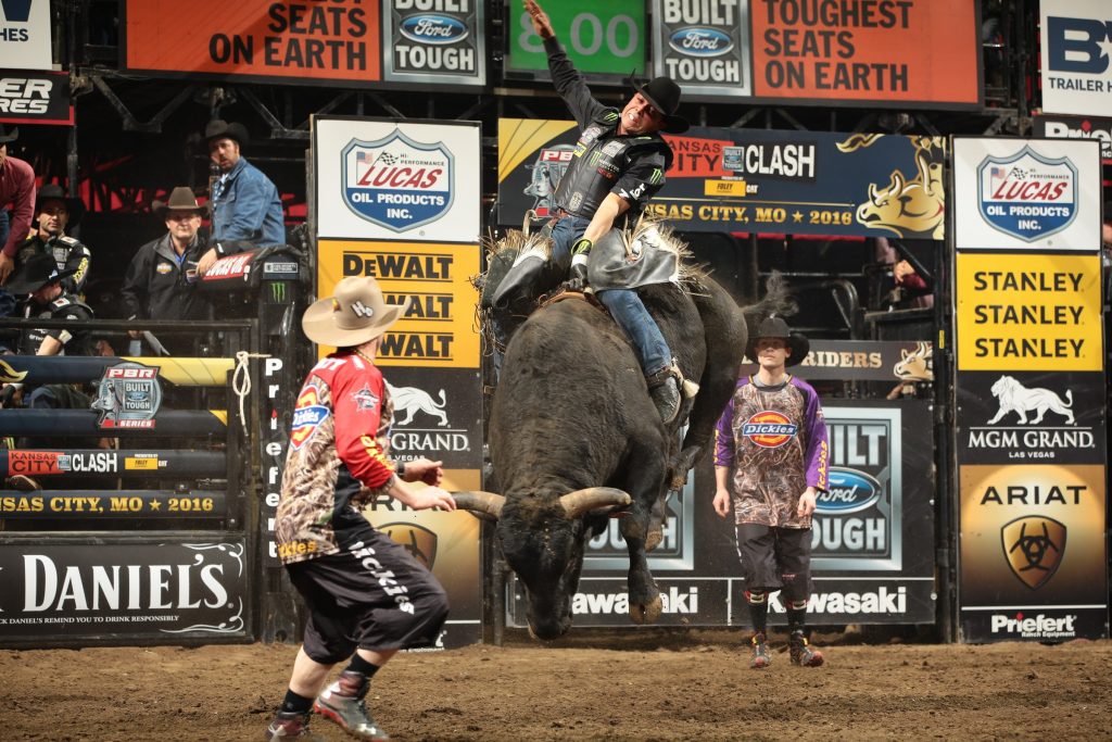 Robson Palermo rides New Frontier Rodeo's Spitball for 84.75 during the second round of the Kansas City Built Ford Tough series PBR. Photo by Andy Watson/Bull Stock Media. Photo credit must be given on all use.