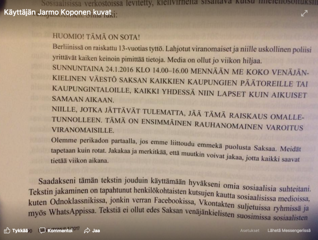 Lisan tarina on kasvattanut äärioikeistolaisen AfD-puolueen kannatusta. (Venäjän televisio kertoi 13-vuotiaan venäläissyntyisen tytön raiskaamisesta.) Kuva Nikolai Mitrohinin artikkelista Idäntutkimus-lehdessä.