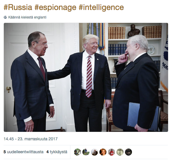 Trump tapasi yllättäen Venäjän ulkoministeri Sergei Lavrovin (vas) ja Venäjän Yhdysvaltojen suurlähettiläs Sergei Kisljakin heti erotettuaan FBI:n johtajan James Comeyn.