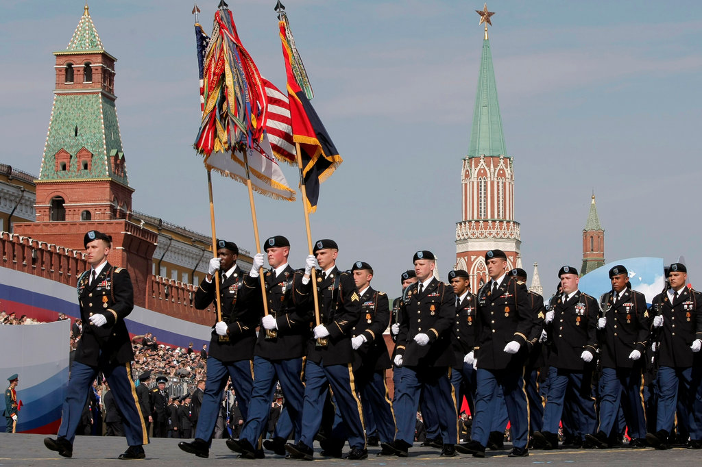 Soldiers of the 170th Infantry Brigade Combat Team, along with British and French troops, marched in Sunday's Victory Day parade, commemorating the defeat of Nazi Germany in 1945. Credit: Misha Japaridze/Associated Press.