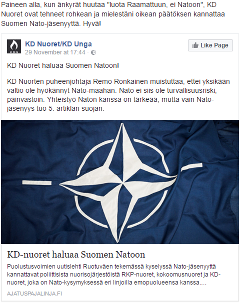 Upseerin jakama julkinen Facebook-päivitys.