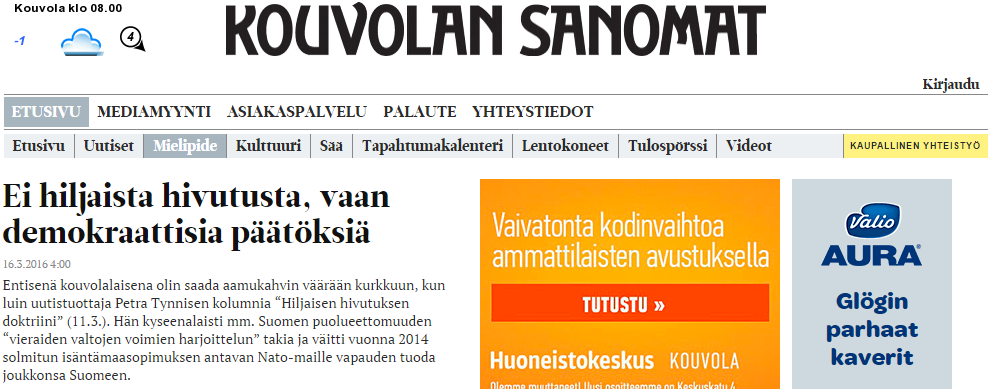 Kolumni "Ei hiljaista hivutusta, vaan demokraattisia päätöksiä" Kouvolan sanomissa 16.3.2016. Lähde: Kouvolan sanomat. Klikkaa kuvaa päästäkseni lukemaan koko kolumni.