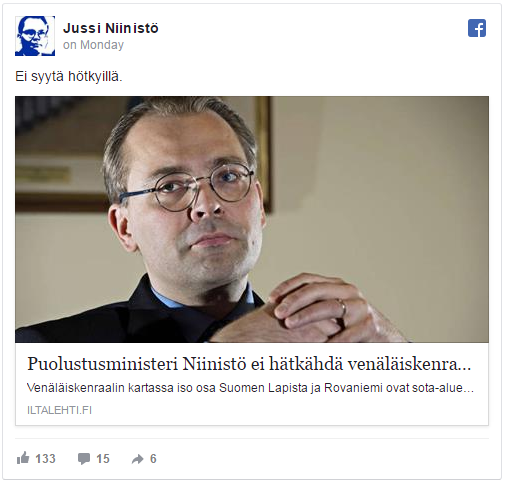 Puolustusministeri Jussi Niinistön Facebook-päivitys 16.1.2017. Lähde: Facebook.