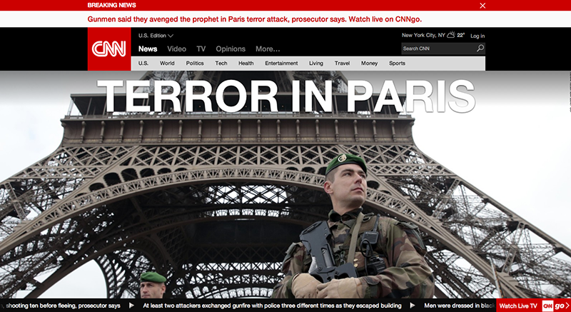 CNN uutisten avaussivu Pariisin terrori-iskujen jälkeen. Lähde: CNN.