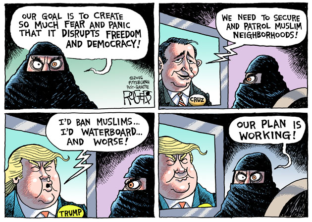 "Fear and Panic", cartoon by Rob Rogers, , March 25, 2016. © Rob Rogers. Used with express permission of the author.