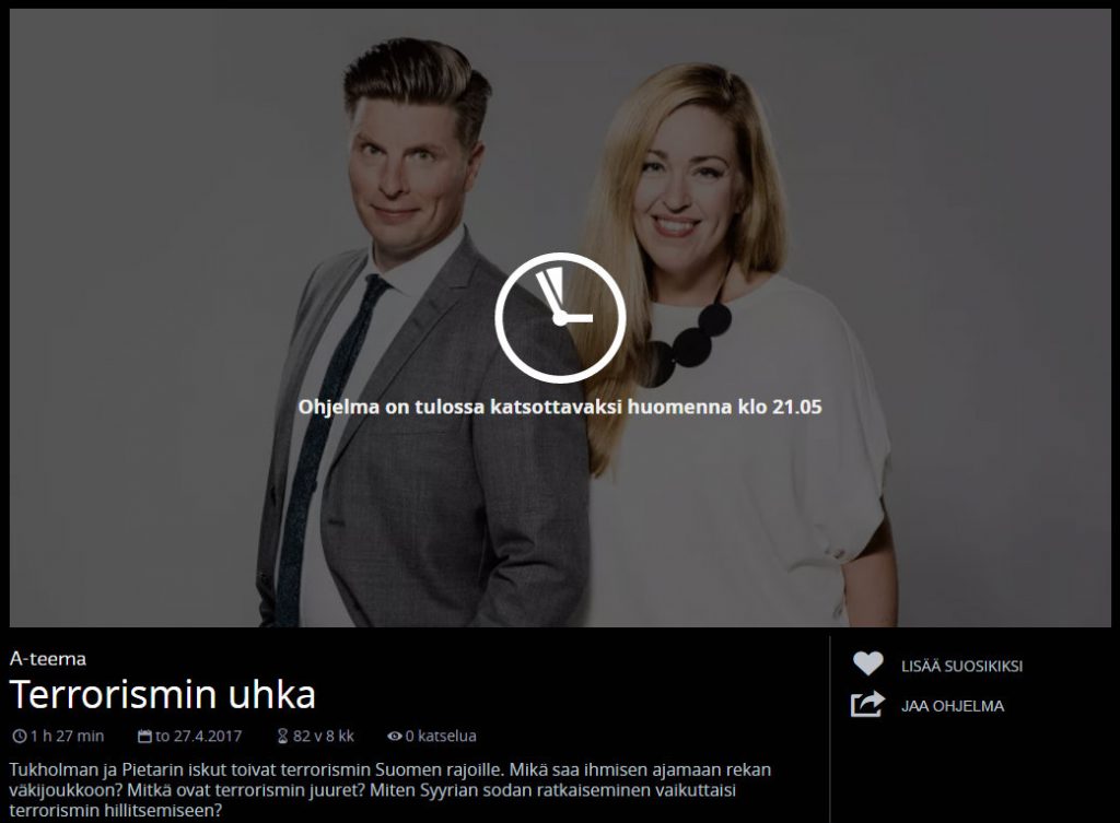 Yle A-teema: Terrorismin uhka. Lähetys TV 1:ssä to 27.4. klo 21.05.
