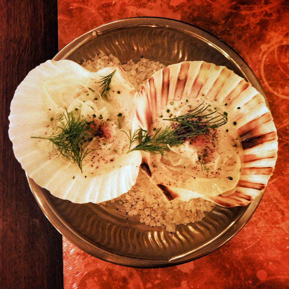 SCALLOP & ANCHOVY 'BAGNA CAUDA' - paistettua kampasimpukkaa, anjoviscremeä, piimädressing, ruskeaa voita, fenkolia, taimenenmätiä